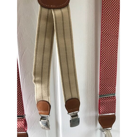 Vintage Big Sport Red & Tan Checkered Suspenders Leather Elastic Braces Silver - Picture 8 of 9